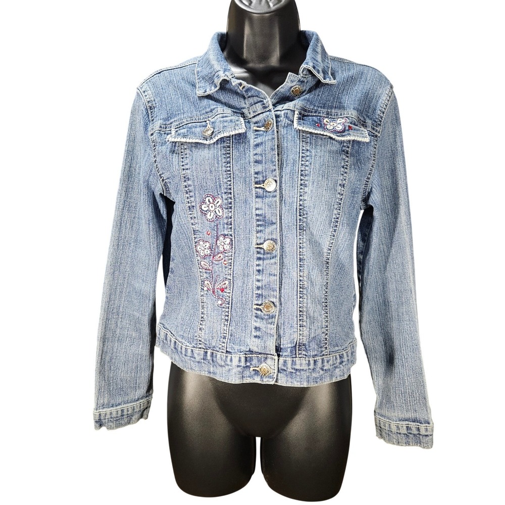 Arizona Jean Co Denim Jacket Girls XL Blue‎ Y2K Boho Floral Embroidered Beaded